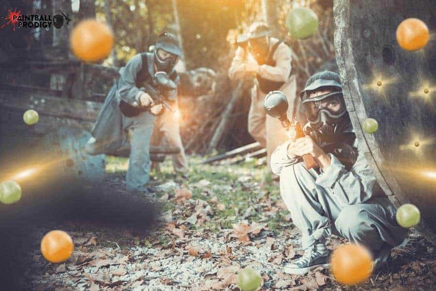 Spraying paintballs at a single target.